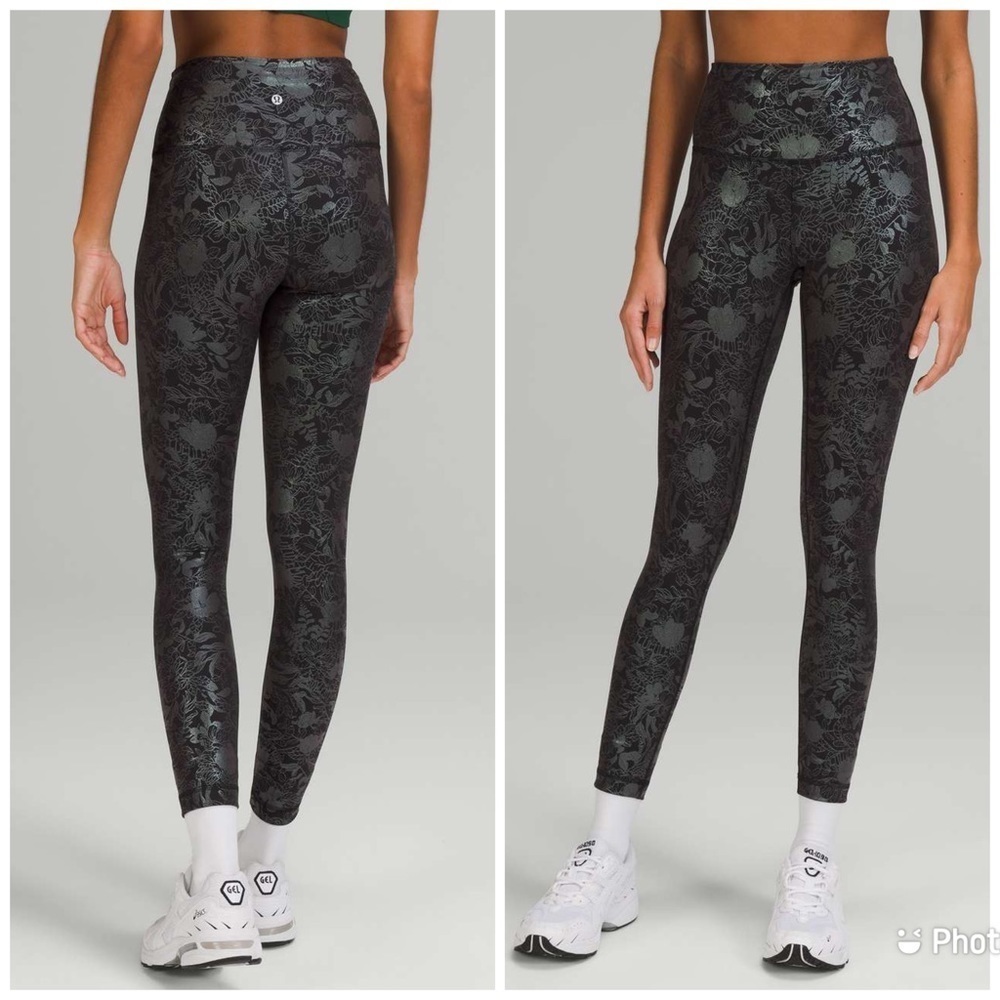 Lululemon Wunder Train High Rise Tight Leggings 25" Foil Metallic Floral Black 2